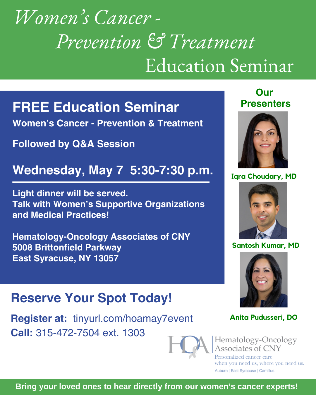 Women's Cancer - Prevention & Treatment educational seminar on women's cancers like breast cancer and ovarian cancer set for May 7